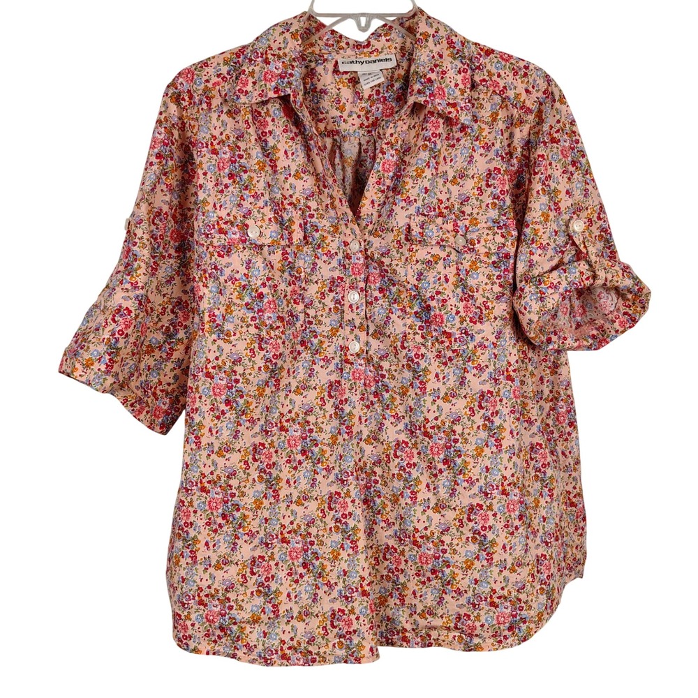 Cathy Daniels Womens XL Floral Button Up Top Pink Cotton Roll Tab Cottagecore